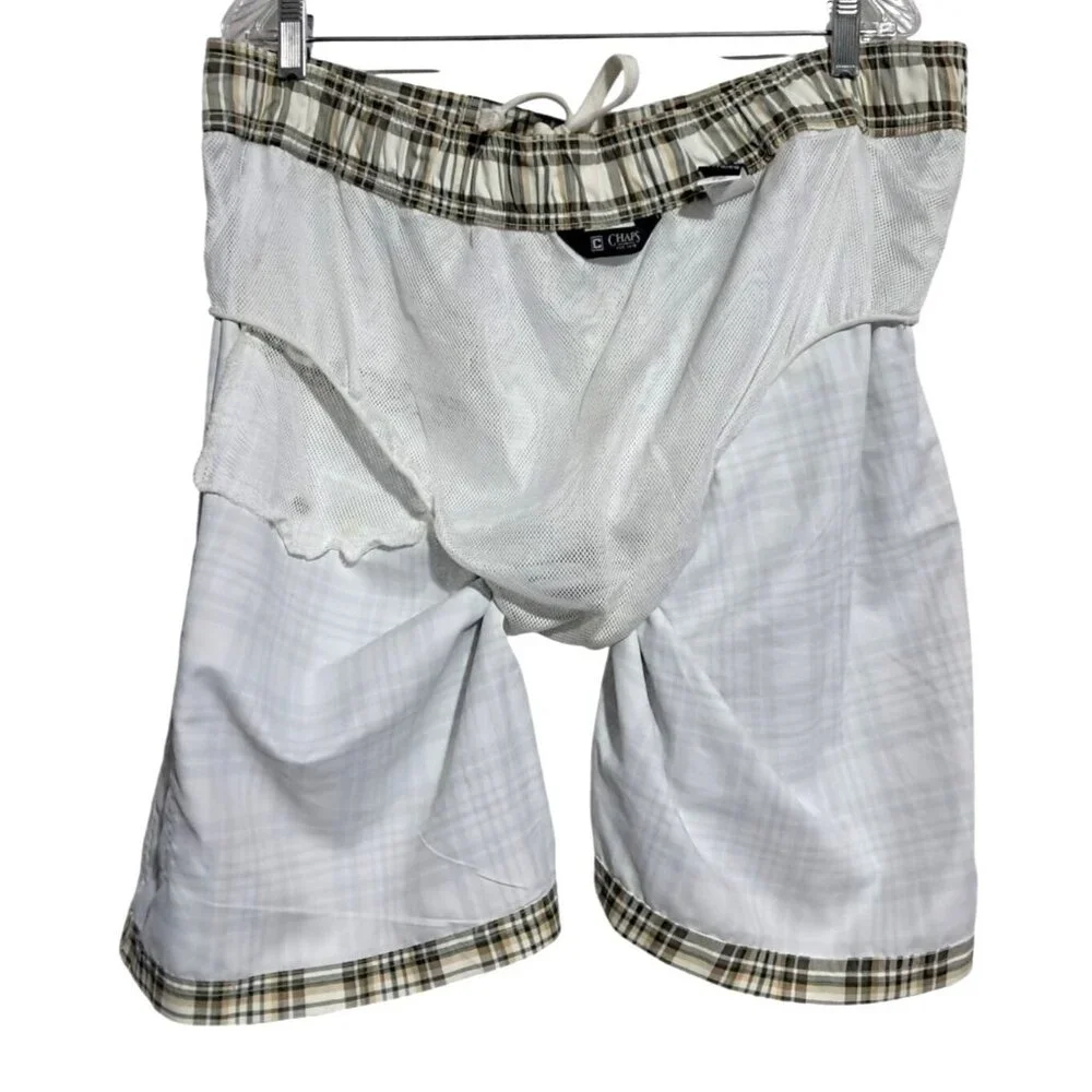 Chaps Plaid Swim Trunks Mens XL Beige White Polyester Mesh‎ Lined Drawstring